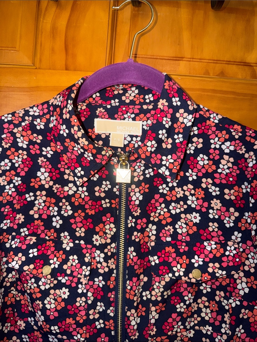 Michael Kors Navy Floral Zip blouse with Pink & White Blooms
